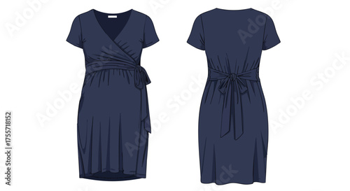 Navy maternity wrap dress, offering both style and comfort, features a flattering silhouette and a functional design for expectant mothers fashion