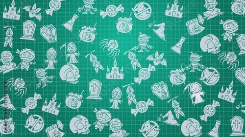 Animated Halloween pattern with fun green seamless pattern. doodles halloween suitable for invitations, wallpaper and backgrounds. Loop motion graphic.