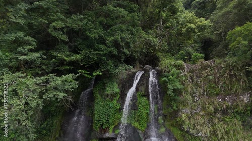 4K Aerial view descending down at Wulai Falls