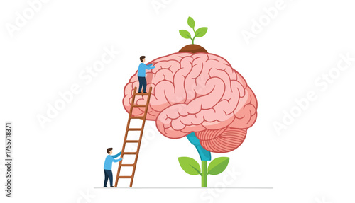 Two figures work on a large brain with a ladder and sprouting plants, symbolizing growth and development of the mind.