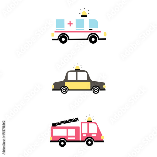Emergency Vehicles Icon Set - Ambulance, Police Car, and Fire Truck Vector for Sticker or Kids Design