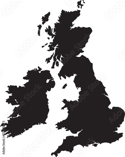 Silhouette map of the United Kingdom and Ireland on a white background Great Britain also transparent background