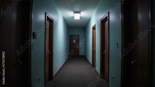 Flickering lights inside haunted hallway with wooden doors and green walls  