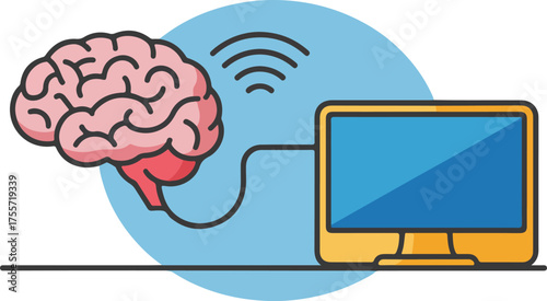 Conceptual illustration of the human brain connected to a computer for information processing and data transfer.