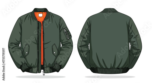 Stylized Green Bomber Jacket Illustration with Contrasting Orange Lining and Detailed Zipper Accents showcasing Front and Back Views for Apparel