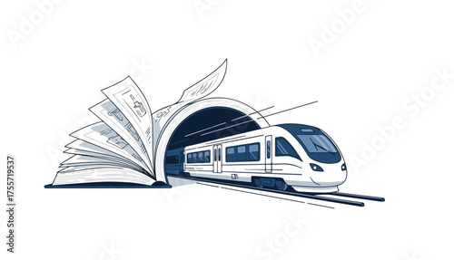 Illustration of a modern train emerging from a tunnel formed by an open book, conveying knowledge and travel.
