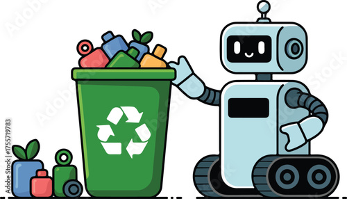 Cute robot recycling trash into a green recycle bin with environmental awareness concept
