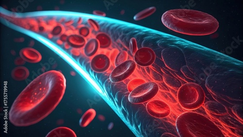 3D Render of Red Blood Cells Flowing Within A Vein