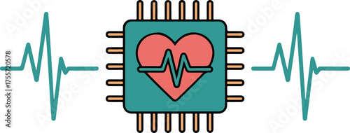 Digital health concept represented by circuit board with a heart symbol and ekg waveforms