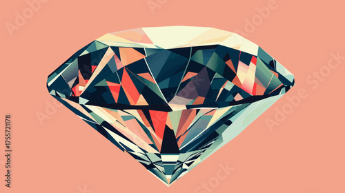 Abstract faceted gemstone with geometric color blocks on soft peach