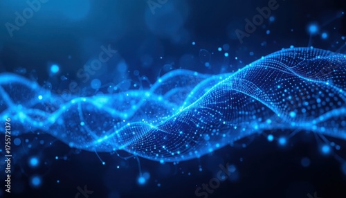 Digital Abstract Wave: An intricate network of luminous, interconnected dots flows gracefully in a radiant dance of innovation and technological advancement. An immersive digital panorama of progress.