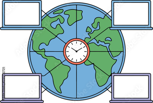 Global business networking with computer laptops around the world's globe and clock