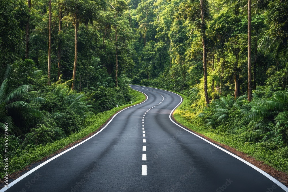 Fototapeta premium Scenic highway winding through lush green forest landscapes in perfect daylight