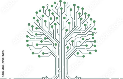 Green circuit board tree symbolizing technology and digital connectivity on white background