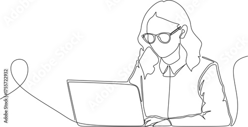 Continuous line drawing. young girl with laptop and wearing sunglass. Vector illustration.