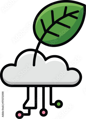 Green leaf growing from cloud connecting tech and nature as a symbol