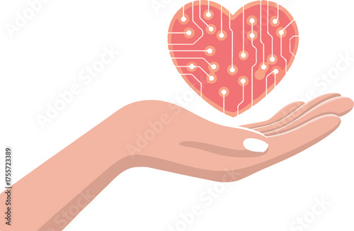 Human hand presenting heart symbol with circuit board design illustrating technology and care