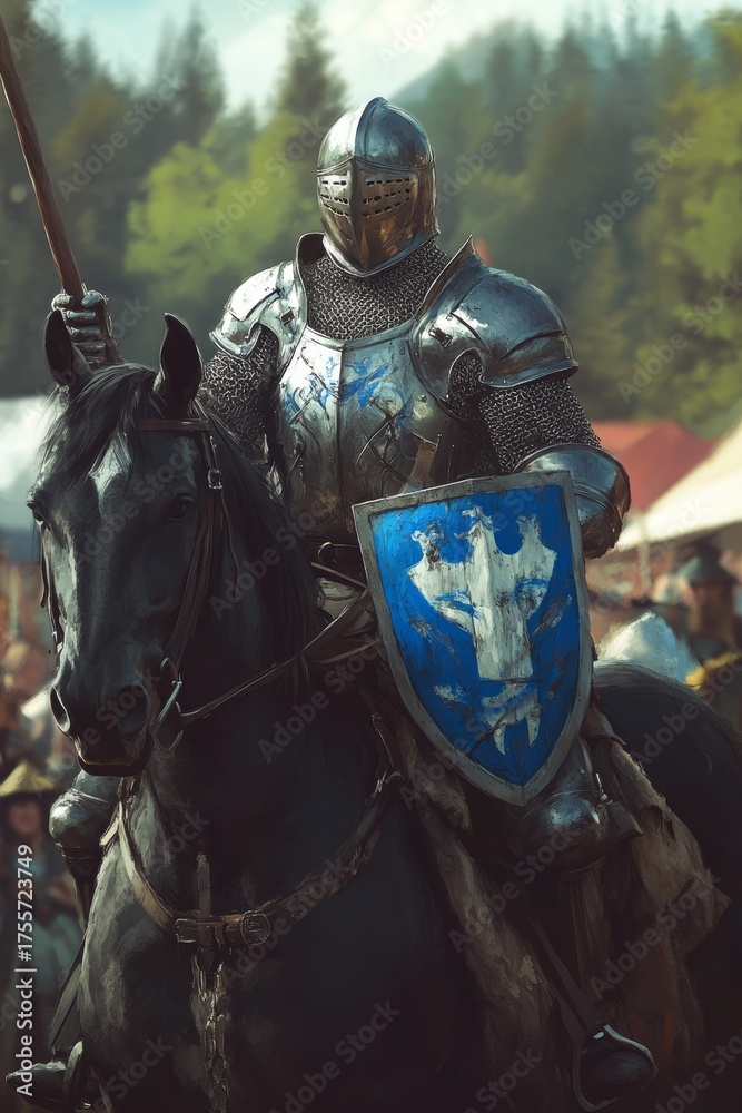 Naklejka premium In the city of Turku, Finland, a mounted and armored knight prepares to charge into battle with his lance