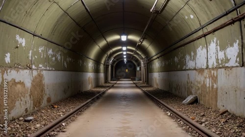 Abandoned tunnel with railway tracks and dim lighting in decay  