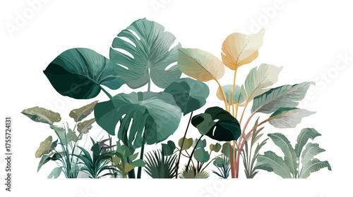 Lush, diverse foliage in muted greens and warm yellows creates a botanical arrangement