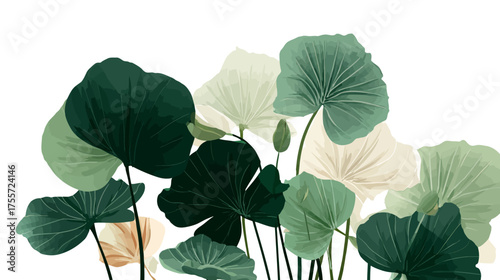 Arrangement of large, overlapping lily pad leaves in shades of green and cream