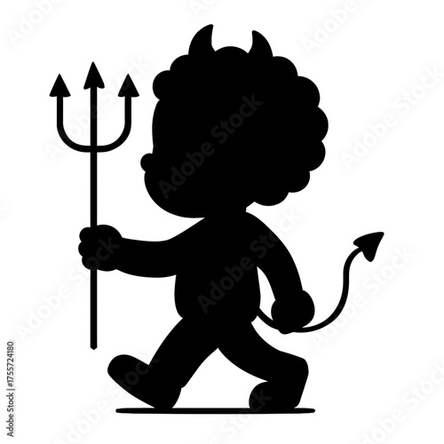 Devil child silhouette walking with trident, horns and tail, black on white