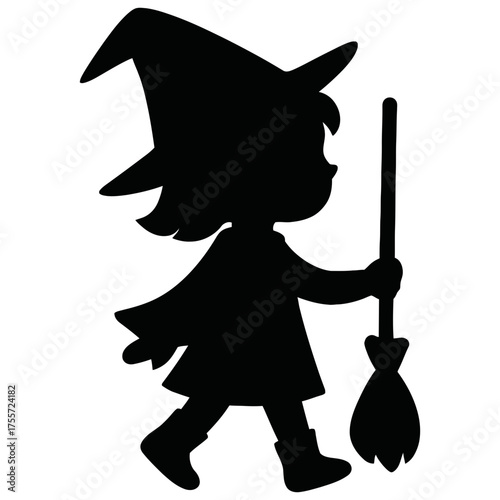 Cute little witch silhouette walking with broom and pointy hat, black on white