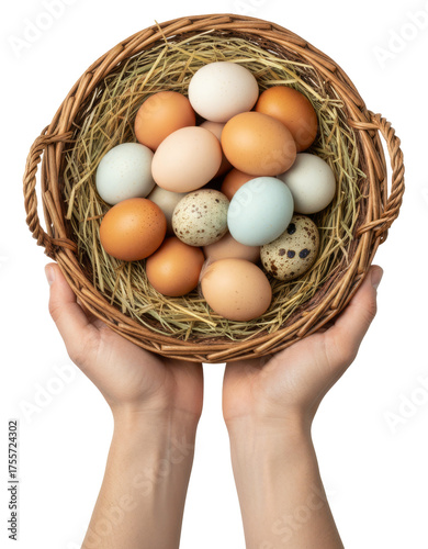 Wallpaper Mural hands holding a wicker basket filled with various brown, white, and spotted eggs Torontodigital.ca