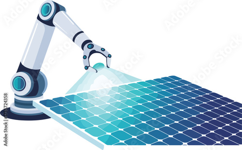 Robotic arm inspecting solar panel technology for clean energy generation and sustainability