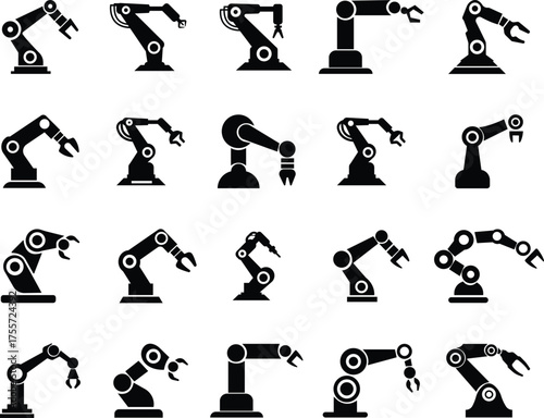Robotic Arm Icon Set and Industrial Automation Vector Collection Group of Mechanical Robot Hand, Factory Machine, Engineering Technology Symbol in Black Flat Style