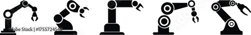 Robotic Arm Icon Set and Industrial Automation Vector Collection Group of Mechanical Robot Hand, Factory Machine, Engineering Technology Symbol in Black Flat Style