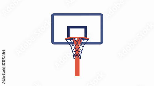A cartoon-style basketball hoop with a blue border and net, on an orange pole