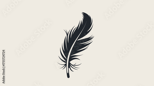 A single, dark feather stands against a pale background