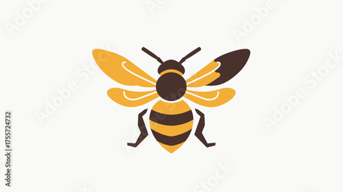 A stylized bee with brown and yellow segments against a white background