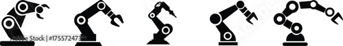 Robotic Arm Icon Set and Industrial Automation Vector Collection Group of Mechanical Robot Hand, Factory Machine, Engineering Technology Symbol in Black Flat Style