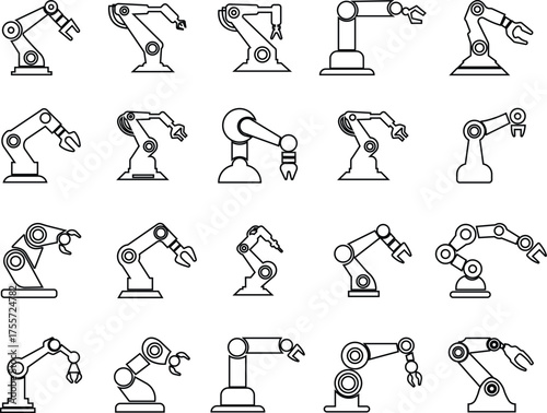 Robotic Arm Icon Set and Industrial Automation Vector Collection Group of Mechanical Robot Hand, Factory Machine, Engineering Technology Symbol in Black Line Style