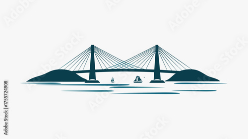 Stylized cable-stayed bridge connecting islands over water with sailboats