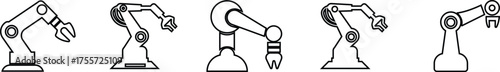 Robotic Arm Icon Set and Industrial Automation Vector Collection Group of Mechanical Robot Hand, Factory Machine, Engineering Technology Symbol in Black Line Style