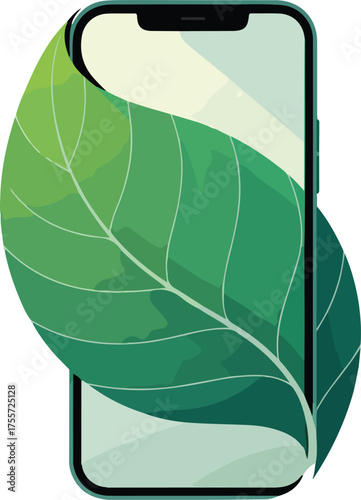Smartphone surrounded by green leaf represents sustainable technology and environmentally friendly concept