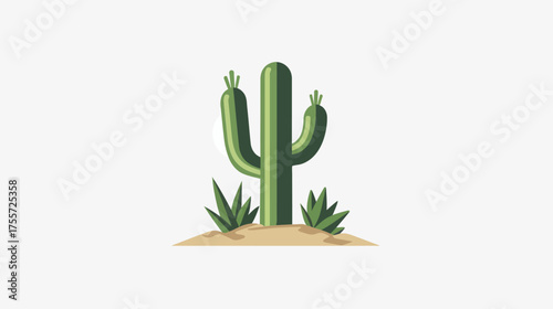A stylized green cactus stands tall on a sandy mound with small green plants