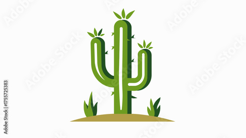 Stylized green cactus with three arms on desert ground