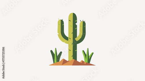 Stylized saguaro cactus with arms, on orange desert ground, with green plants