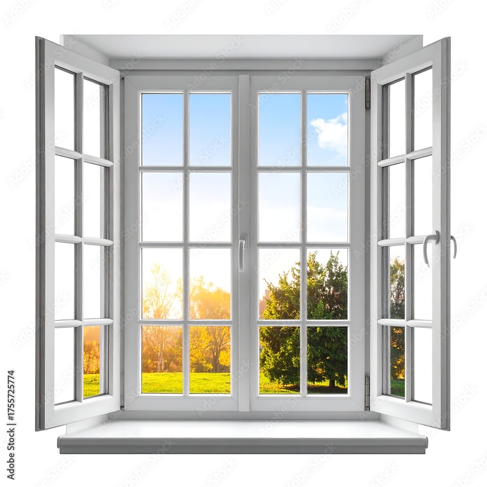 Obraz premium Bright, white window frames open to reveal a vibrant autumn landscape