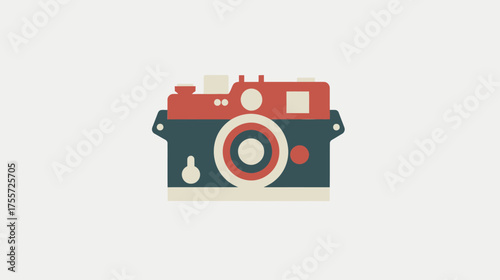 Retro camera with red, blue, and beige colors, and a circular lens