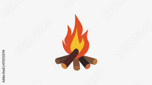 A stylized campfire with glowing orange and yellow flames above brown logs on a white background