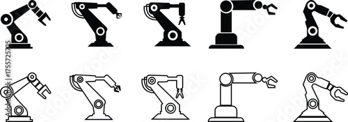 Robotic Arm Icon Set and Industrial Automation Vector Collection Group of Mechanical Robot Hand, Factory Machine, Engineering Technology Symbol in Black Flat and Line Style