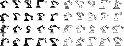 Robotic Arm Icon Set and Industrial Automation Vector Collection Group of Mechanical Robot Hand, Factory Machine, Engineering Technology Symbol in Black Flat and Line Style