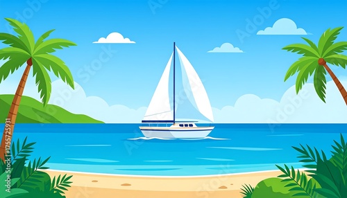 Fototapeta Naklejka Na Ścianę i Meble -  Vibrant cartoon illustration of a sailboat on a tranquil sea, framed by palm trees and beach