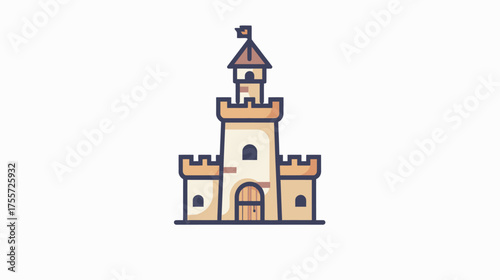 Stylized, cartoonish castle with towers, battlements, and flag