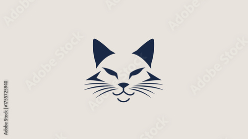 Minimalist dark blue cat face with sharp lines and a hint of a smile